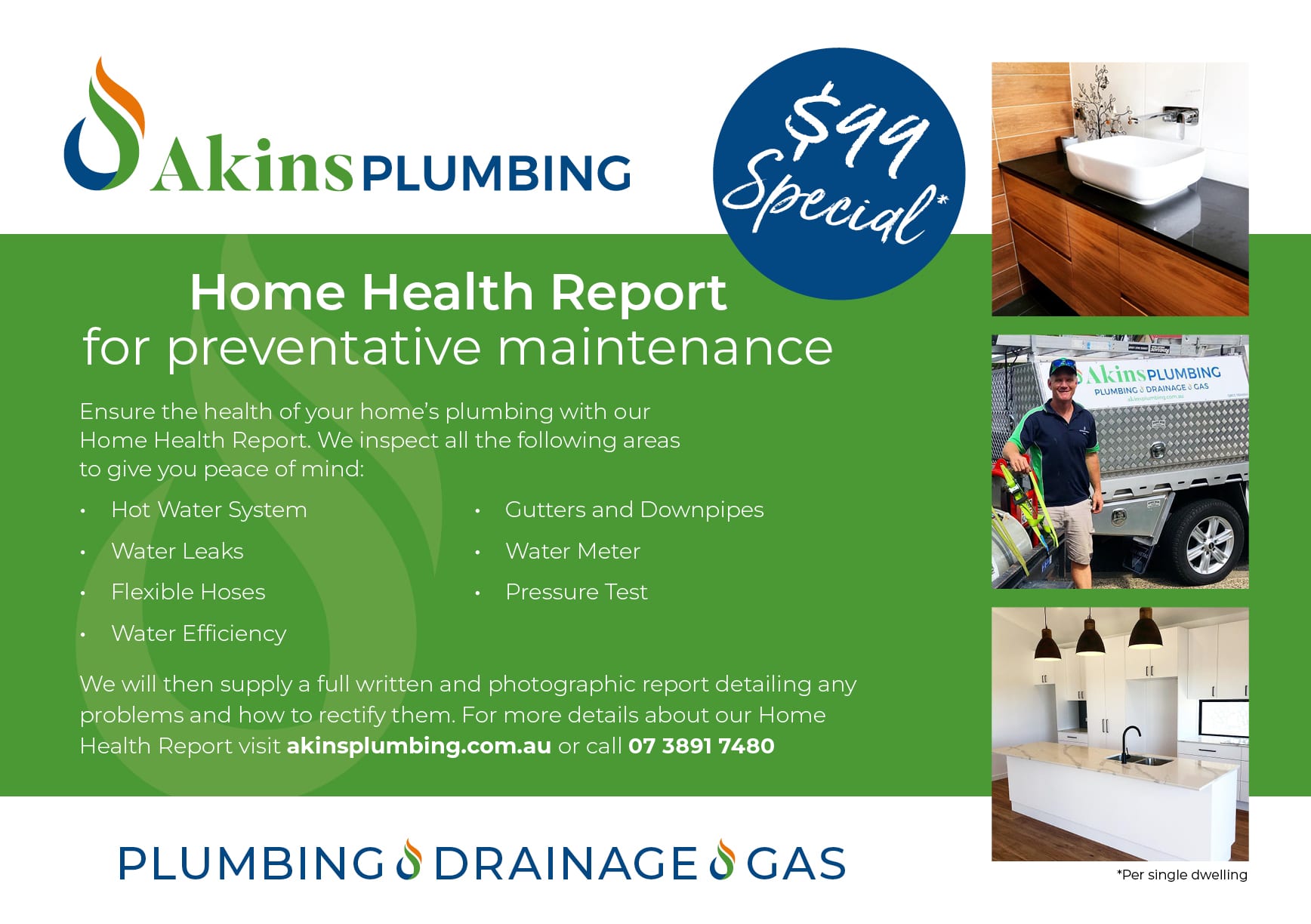 Image of Akins Plumbing $99 Special for Home Health Report for preventative maintenance | Featured image on Sustainable Plumbing Brisbane.